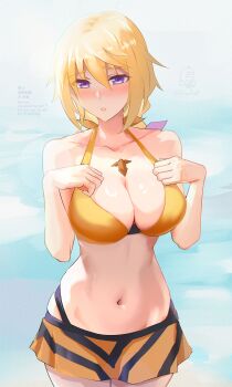 1girl absurdres bikini bikini_skirt blonde_hair breasts charlotte_dunois cleavage cowboy_shot hands_on_own_chest highres infinite_stratos large_breasts low_ponytail navel orange_bikini ponytail purple_eyes shiro_font solo swimsuit