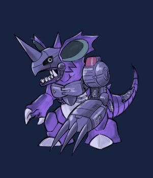 blue_background claws dark_background digimon fusion gen_1_pokemon highres horns mas_square mechanical_arms metalgreymon nidoking nintendo open_mouth pokemon purple_scales sharp_teeth simple_background single_horn single_mechanical_arm teeth