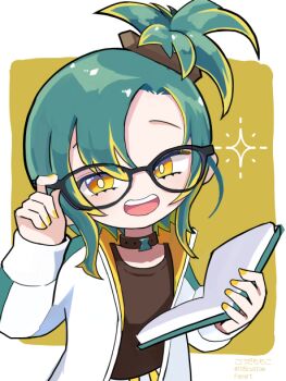 Rule 34 | 105custom, 1girl, :d, artist name, black-framed eyewear, black choker, black shirt, blonde hair, book, choker, coat, commentary, green hair, holding, holding book, looking at viewer, open book, open clothes, open coat, open mouth, shirt, smile, solo, topknot, two-sided coat, two-sided fabric, uemine noruju, virtual youtuber, voms, white coat, yellow background, yellow eyes, yellow nails