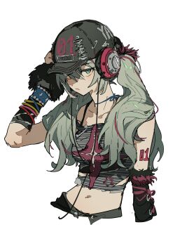 1girl absurdres aqua_eyes aqua_hair baseball_cap chinese_commentary choker commentary_request crop_top detached_sleeves expressionless fur_trim hat hatsune_miku headset highres ligne_claire long_hair looking_at_viewer navel number_tattoo simple_background solo tattoo torn_clothes twintails upper_body vocaloid white_background zhibuji_loom