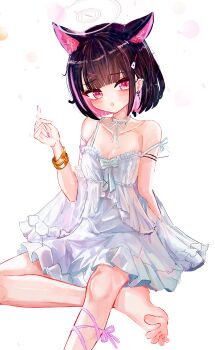 1girl a1u absurdres alternate_costume animal_ears barefoot black_hair blue_archive blush breasts cat_ears cat_girl colored_inner_hair commentary cup dress drinking_glass earrings extra_ears foot_out_of_frame grey_halo hair_ornament hairclip halo hand_up highres jewelry kazusa_(blue_archive) looking_at_viewer md5_mismatch multicolored_hair open_mouth pink_hair short_dress short_hair simple_background sitting small_breasts solo spread_toes strap_slip toes white_background white_dress wine_glass