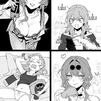 4girls blush bra breasts controller d0600059994959 evernight_(honkai:_star_rail) game_controller gloves greyscale hair_between_eyes hashtag-only_commentary highres honkai:_star_rail honkai_(series) kafka_(honkai:_star_rail) large_breasts long_hair march_7th_(honkai:_star_rail) march_7th_(preservation)_(honkai:_star_rail) monochrome multiple_girls navel open_clothes panties phone smile stelle_(honkai:_star_rail) sunglasses tank_top trailblazer_(honkai:_star_rail) trailblazer_(trash_cake)_(honkai:_star_rail) underwear yuri