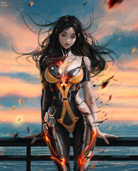 1girl arm_support artist_name black_hair blue_sky breasts closed_eyes closed_mouth commentary english_commentary highres horizon large_breasts long_hair outdoors paid_reward_available sky solo stellar_blade tachy_(stellar_blade) tatti_art thigh_gap variant_set water wide_hips