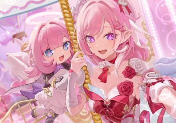 2girls absurdres bare_shoulders blue_eyes braid braided_bangs breasts carousel cleavage commentary diamond-shaped_pupils diamond_(shape) dual_persona earrings elf_elysia elysia_(hi_love_elf)_(honkai_impact) elysia_(honkai_impact) english_commentary hair_intakes halo hat heart heart_earrings highres honkai_(series) honkai_impact_3rd jewelry looking_at_viewer medium_breasts multicolored_hair multiple_girls open_mouth pink_pupils pointy_ears purple_eyes roena second-party_source smile streaked_hair symbol-shaped_pupils white_hat