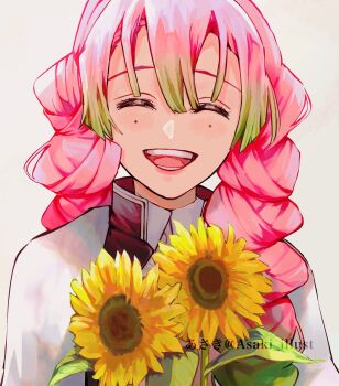 1girl absurdres artist_name asaki_illust braid demon_slayer_uniform flower gradient_hair green_hair haori highres japanese_clothes kanroji_mitsuri kimetsu_no_yaiba mole mole_under_eye multicolored_hair multiple_braids pink_hair signature smile solo tri_braids