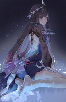 1girl barefoot black_hair breasts bubble clothing_cutout colored_inner_hair dress frills gradient_hair hair_ornament highres honkai:_star_rail honkai_(series) hysilens_(honkai:_star_rail) long_hair multicolored_hair nukoxx_02 parted_lips purple_eyes shrug_(clothing) sitting sparkle very_long_hair watermark