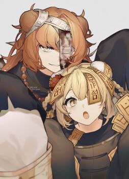 2girls bead_necklace beads blonde_hair braid braided_hair_rings don_quixote_(project_moon) dosukoiponiponi double_bun e.g.o_(project_moon) flower gold_trim grin hair_bun hair_rings highres hundred-footed_death_maggot_(e.g.o) ishmael_(project_moon) jewelry limbus_company long_hair looking_at_viewer multiple_girls necklace ofuda open_mouth orange_hair parted_lips project_moon red_flower red_sheet_(e.g.o) sidelocks simple_background smile very_long_hair white_background yellow_eyes