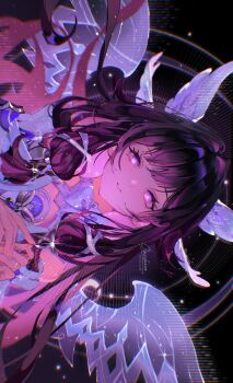 1girl black_hair bow columbina_(genshin_impact) dark_background dress genshin_impact glint hair_intakes hair_ribbon head_wings highres long_hair multicolored_hair omces96 parted_lips pink_eyes pink_hair ribbon sideways signature solo twitter_username two-tone_hair upper_body white_bow white_dress white_ribbon wings