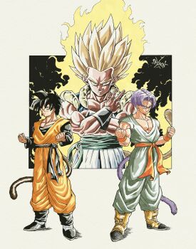 3boys absurdres aura black_hair black_sash black_shirt black_vest blonde_hair blue_sash breakintheh brown_tail cowboy_shot dougi dragon_ball dragonball_z full_body gotenks green_pants green_shirt highres medium_hair metamoran_vest monkey_tail multiple_boys muscular muscular_male no_shirt orange_pants orange_sash orange_shirt pants purple_tail sash shirt short_hair son_goten super_saiyan super_saiyan_1 tail trunks_(dragon_ball) v vest white_pants yellow_tail