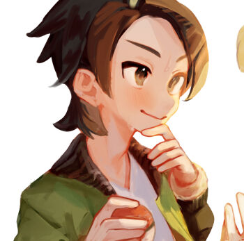 1boy 1other commentary_request green_jacket highres holding holding_poke_ball jacket male_focus n0_4189 nintendo open_clothes open_jacket out_of_frame partial_commentary paxton_(pokemon) poke_ball poke_ball_(basic) pokemon pokemon_legends:_z-a solo_focus