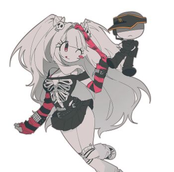 1boy 1girl :p air_zizon black_shirt black_skirt blush_stickers closed_mouth colored_skin fingerless_gloves floating_head gloves highres leg_warmers long_hair miniskirt multicolored_hair one_eye_closed original pleated_skirt raccoon_tails_(hairstyle) shirt simple_background single_blush_sticker skeleton_print skirt smile streaked_hair striped_arm_warmers tongue tongue_out visor_cap white_background white_hair white_skin