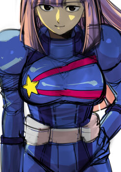 1girl breasts closed_mouth earrings gloves gundam gundam_zz highres inuidaiji jewelry long_hair looking_at_viewer mecha_pilot_suit purple_hair roux_louka simple_background smile solo white_background