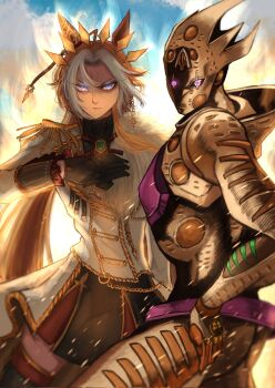 1boy 1girl ahoge animal_ears belt blonde_hair blue_eyes commentary giorno_giovanna&#039;s_pose glaring gold_experience_requiem hair_between_eyes hair_ornament hasewo highres horse_ears horse_girl jojo_no_kimyou_na_bouken jojo_pose looking_at_viewer orfevre_(umamusume) serious sky stand_(jojo) staring thighhighs umamusume vento_aureo