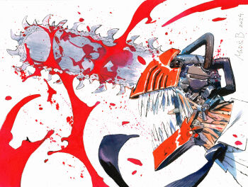 1boy absurdres artist_name black_necktie blood blood_on_clothes blood_splatter blood_spray bloody_weapon chainsaw_devil chainsaw_man collared_shirt denji_(chainsaw_man) highres male_focus matias_bergara necktie open_mouth sharp_teeth shirt solo teeth upper_body weapon white_background white_shirt