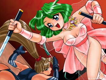 1990s_(style) 2girls battle black_leotard blue_eyes blunt_sidelocks bow breasts brown_hair choker dagger dated dominatrix ellis_(toushinden) fingernails gloves green_hair happy high_ponytail holding holding_dagger holding_knife holding_weapon jewelry knife leotard long_hair medium_breasts mizuki_hitoshi multiple_girls necklace open_mouth pink_bow ponytail red_background retro_artstyle ribbon see-through_clothes see-through_sleeves short_hair sidelocks sofia sofia_(toushinden) tamsoft toushinden weapon whip wrist_cuffs