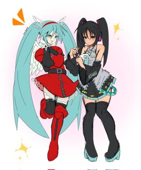 2girls armor armored_dress artist_name belt black_hair blue_eyes blue_hair blush boots brown_eyes clothes_swap cosplay crossover detached_sleeves dress fake_wings fighting_vipers gloves hair_ornament hairband hand_on_own_face hatsune_miku hatsune_miku_(cosplay) highres honey_(fighting_vipers) honey_(fighting_vipers)_(cosplay) multiple_girls necktie open_mouth sega shoulder_pads simple_background skirt smile sukismp0 thigh_boots twintails vocaloid white_background wings