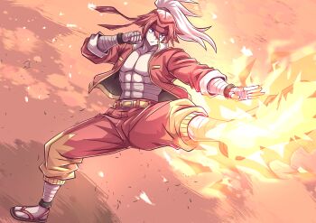 1boy abs absurdres arm_wrap belt bracelet cinderace clenched_hand fighting_stance fire gen_8_pokemon hair_between_eyes headband highres jewelry kicking male_focus multicolored_hair muscular muscular_male nintendo pants pectorals personification pokemon red_hair red_pants solo two-tone_hair white_hair yokomiya4538