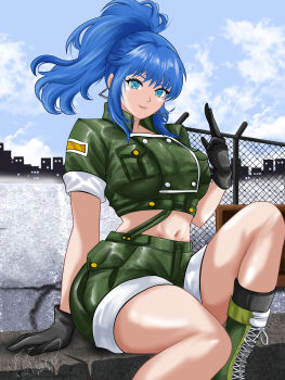 1girl absurdres black_gloves blue_eyes blue_hair blue_sky boots cloud cloudy_sky combat_boots earrings gloves green_jacket green_shorts highres jacket jewelry leona_heidern midriff military military_uniform navel short_sleeves shorts sitting sky skyline solo suspenders the_king_of_fighters triangle_earrings valneeko