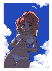 Rule 34 | 1girl, aikatsu! (series), aikatsu friends!, backlighting, bikini, blonde hair, blue sky, border, breasts, closed mouth, cloud, commentary request, cowboy shot, dutch angle, from below, gradient hair, high ponytail, highres, large breasts, long hair, looking at viewer, looking down, multicolored hair, navel, osouzai-kun, own hands clasped, own hands together, pink hair, red eyes, sky, solo, standing, stomach, swimsuit, thigh gap, wavy hair, white bikini, white border, yuki aine