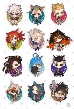 4girls 6+boys absurdres alternate_skin_color amo_empool animal_ears black_hair blonde_hair blue_hair cat_boy cat_ears cat_girl cat_tail chibi cthoni_andor dreadlocks enjin_(gachiakuta) follo_tunito fu_orostor full_body gachiakuta grey_jacket hat highres horizontal_pupils jabber_wonger jacket long_hair looking_at_viewer manhole_cover momoa_rukel multicolored_hair multiple_boys multiple_girls open_mouth orange_eyes orange_hair polearm red_hair riyo_reaper rudo_surebrec sasumata short_hair simple_background streaked_hair tail tamsy_caines very_long_hair vest weapon white_background white_hair white_hat wol_akt yellow_eyes zanka_nijiku zodyl_typhon