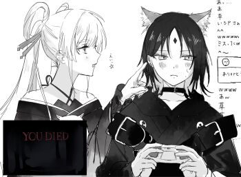 Rule 34 | 2girls, animal ear fluff, animal ears, averting eyes, blush, cho kaguya-hime!, choker, closed mouth, collarbone, colored inner hair, commentary, controller, criss-cross halter, dualsense, failure, forehead jewel, fox ears, fox girl, frown, game controller, genkounikki01, greyscale, hair ornament, hair rings, hair stick, halterneck, highres, holding, holding controller, holding game controller, hood, hood down, japanese clothes, kimono, livestream, long hair, looking to the side, medium hair, monochrome, multicolored hair, multiple girls, nervous sweating, off shoulder, open mouth, playing games, playing video games, playstation controller, runami yachiyo, sakayori iroha, smile, spoken star, star (symbol), sweat, translation request, twintails, upper body, you died, yuri