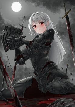 1girl absurdres armor black_armor blood bloody_weapon boobplate breastplate cloud cloudy_sky commentary_request crying crying_with_eyes_open field_of_blades full_armor gauntlets grey_hair grey_sky helmet highres holding holding_unworn_helmet kamisaka_shyou knight long_hair looking_at_viewer open_mouth original outdoors planted planted_sword planted_weapon pool_of_blood red_eyes sitting sky solo sun sword tears unworn_headwear unworn_helmet weapon