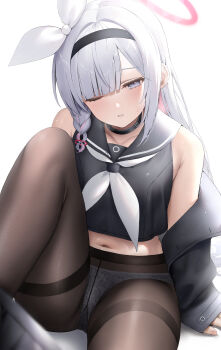 1girl absurdres armpit_crease bare_shoulders black_choker black_jacket black_pantyhose black_sailor_collar black_shirt blue_archive blush choker collarbone grey_eyes grey_hair hair_ribbon halo hibimaru highres jacket midriff navel neckerchief one_eye_closed panties panties_under_pantyhose pantyhose parted_lips plana_(blue_archive) red_halo ribbon sailor_collar shirt simple_background underwear white_background white_neckerchief white_panties white_ribbon
