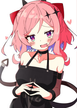 Rule 34 | 1girl, :d, absurdres, bare shoulders, black choker, black dress, blush, bow, choker, collarbone, commentary request, demon tail, detached sleeves, dress, fang, fudeshima shigure, heart, heart-shaped pupils, heart hands, highres, inkr9634, long hair, long sleeves, looking at viewer, open mouth, pink hair, purple eyes, simple background, smile, solo, symbol-shaped pupils, tail, upper body, white background, world dai star