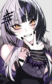 Rule 34 | 1girl, absurdres, arm warmers, black arm warmers, black choker, black coat, black hair, black nails, choker, coat, commentary, english commentary, fur-trimmed coat, fur trim, grey hair, grin, highres, hololive, hololive english, looking at viewer, multicolored hair, purple coat, shiori novella, shiori novella (1st costume), simple background, smile, solo, split-color hair, teeth, two-sided coat, two-sided fabric, two-tone hair, u-stadt, v, v over mouth, virtual youtuber, white background, yellow eyes
