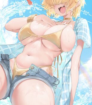 1girl ahoge bikini blonde_hair breasts checkered_clothes checkered_shirt commentary cosplay denim denim_shorts dishwasher1910 earrings elegg_(nikke) english_commentary gingham gingham_shirt goddess_of_victory:_nikke hair_intakes hair_over_eyes highres hoop_earrings jewelry kwon_eun-bi kwon_eun-bi_(cosplay) large_breasts navel open_clothes open_fly open_mouth open_shirt plaid_clothes plaid_shirt shirt short_hair shorts swimsuit yellow_bikini