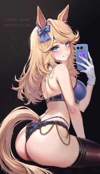 1girl absurdres agurami animal_ears ass ass_focus back black_choker black_thighhighs blonde_hair blue_bow blue_bra blue_eyes blue_panties blush bow bra breasts chain choker closed_mouth commentary commission dark_background ear_bow english_commentary english_text from_behind gloves gold gold_chain gold_city_(umamusume) highres holding holding_phone horse_ears horse_girl horse_tail huge_ass lace lace_panties large_breasts long_hair looking_at_viewer looking_back median_furrow panties phone selfie single_glove skindentation smile solo swept_bangs tail thick_thighs thighhighs thighs umamusume underwear underwear_only white_gloves yellow_tail