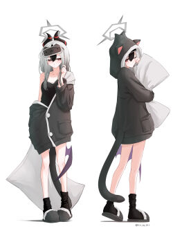 1girl absurdres animal_hood black_hair black_hoodie black_horns black_slippers black_socks blue_archive blush bright_pupils cat_hood cat_tail closed_mouth commentary full_body grey_halo halo highres hit_by_hit holding holding_pillow hood hood_up hoodie horns kayoko_(blue_archive) long_hair long_sleeves multicolored_hair multiple_views off_shoulder one_eye_closed pillow red_eyes simple_background slippers socks standing tail twitter_username two-tone_hair white_background white_hair white_pupils