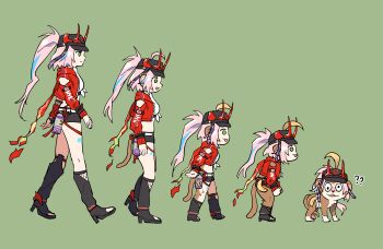 1girl :d ? ?? absurdres ahoge black_footwear black_hat black_shorts commentary_request crop_top cross-eyed evolution from_side green_background green_eyes hat high_heels highres honkai:_star_rail honkai_(series) horned_hat jacket long_hair long_sleeves midriff monkey multiple_views open_clothes open_jacket open_mouth pink_hair ponytail profile rappa_(honkai:_star_rail) red_jacket sakana_(fishchunk) shirt short_shorts shorts simple_background smile very_long_hair walking white_shirt