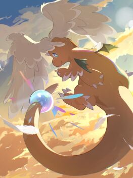 above_clouds blue_eyes cloud dragonite feathered_wings feathers from_behind full_body gen_1_pokemon head_wings highres looking_at_viewer looking_back mega_dragonite midair nintendo pokemon pokemon_(creature) samugohan3658 solo sunset white_feathers wings