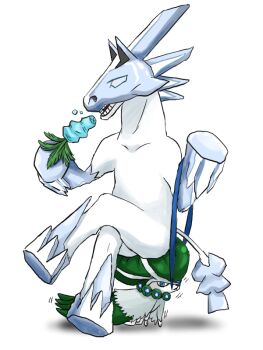 2-gou_blue :3 calyrex calyrex_(rider) crossed_legs eating failure food gen_8_pokemon glastrier holding holding_food horse legendary_pokemon looking_at_viewer nintendo no_humans open_mouth pokemon pokemon_(creature) riding riding_pokemon simple_background tail trembling vegetable what white_background