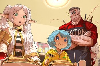 3boys 6+girls animal_ears apron arm_hair black_hair blood_trail blue_eyes blue_hair cerberus_(helltaker) crossover cup demon demon_girl demon_horns dog_ears drinking_glass eating elf food fork frieren green_eyes haraya_manawari helltaker helltaker_(character) hibiki_ryouga hiding hiding_behind_another highres holding holding_fork horns jubilee_2025 knife knifed long_hair luce_(jubilee_2025) lucifer_(helltaker) meme multiple_boys multiple_girls one_piece open_mouth pancake pointy_ears raincoat ranma_1/2 red_eyes red_shirt roronoa_zoro round_eyewear shirt short_hair smile sousou_no_frieren special_feeling_(meme) stab steam sunglasses television triplets twintails white_hair wine_glass