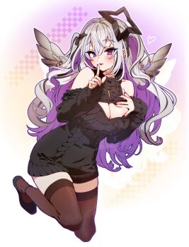 1girl amane_konata angel_wings aran_sweater black_hair black_halo black_nails black_ribbon black_shoes black_streaks black_sweater black_thighhighs black_wings breasts cable_knit cleavage cleavage_cutout clothing_cutout colored_inner_hair commentary_request detached_sleeves feathered_wings full_body gradient_wings grey_hair hair_between_eyes halo hand_up highres hololive jewelry large_breasts long_hair looking_at_viewer mini_wings multicolored_hair multicolored_wings nail_polish necklace open_mouth purple_eyes purple_hair ribbon shoes shoulder_cutout single_hair_intake sleeveless sleeveless_turtleneck solo star_halo streaked_hair sushida_hayari sweater thighhighs turtleneck turtleneck_sweater two_side_up wings