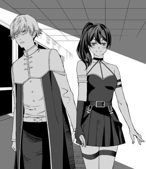 a1_(initial-g) arm_strap belt belt_buckle black_belt black_choker black_dress blush buckle cape capelet ceiling choker commentary dress eyelashes glasses gloves greyscale hair_between_eyes half-closed_eyes halterneck highres holding_hands indoors land_(sousou_no_frieren) light_smile long_hair long_sleeves looking_at_viewer monochrome o-ring o-ring_choker pants parted_lips pleated_dress rectangular_eyewear shirt side-by-side side_ponytail single_glove smile sousou_no_frieren suspenders_hanging tile_ceiling tiles ubel_(sousou_no_frieren) v-shaped_eyebrows walking window