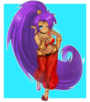 1girl absurdres arabian_clothes bandeau bare_shoulders big_hair blowing_kiss blue_eyes blush bracer breasts choker collarbone commentary dark-skinned_female dark_skin earrings full_body harem_pants heart highres hoop_earrings jewelry kanoir large_breasts long_hair looking_at_viewer medium_breasts navel o-ring o-ring_top one_eye_closed pants parted_lips pointy_ears pointy_shoes ponytail purple_hair red_bandeau red_shoes shantae shantae_(series) shoes solo tiara very_long_hair