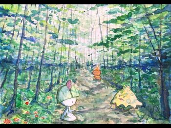 1other :< :o black_eyes blunt_bangs bowl_cut child colored_skin covered_eyes day flower forest from_behind full_body gen_3_pokemon grass green_hair green_theme hair_over_eyes hand_up keishi_(pixiv_1245064) letterboxed looking_back nature nintendo open_mouth outdoors painting_(medium) path pokemon pokemon_(creature) ralts red_flower road scenery short_hair shroomish standing torchic traditional_media watercolor_(medium) white_skin