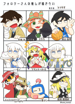 Rule 34 | alucard (hellsing), blonde hair, blue bomberman, bomberman, character request, chibi, closed mouth, copyright request, flandre scarlet, followers favorite challenge, grimms notes, hellsing, kirisame marisa, long hair, looking at viewer, multiple drawing challenge, open mouth, shaman of the mirror (grimms notes), smile, touhou, urtrro10, white hair