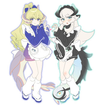 2girls 3_ma_me @_@ alternate_costume apron black_jacket blonde_hair blue_jacket blush bow chamber_dragonmaid dragon_girl dragon_horns dragon_tail duel_monster frilled_apron frills full_body green_eyes highres horns jacket jersey_maid lady's_dragonmaid leg_warmers light_smile long_hair long_sleeves looking_at_viewer maid maid_apron maid_headdress multiple_girls open_mouth purple_eyes simple_background smile standing tail track_jacket track_suit turtleneck turtleneck_jacket unconventional_maid v-shaped_eyebrows waist_apron white_apron white_background white_bow white_hair white_leg_warmers yellow_eyes yu-gi-oh! zipper_pull_tab