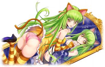 2girls animal_ears breasts c.c. cat_tail cleavage code_geass code_geass:_lost_stories dual_persona f4samurai fake_animal_ears game_cg green_hair highres knightmare_frame long_hair looking_at_viewer mecha medium_breasts mirror multiple_girls official_art robot smile tagme tail thighhighs very_long_hair yellow_eyes
