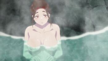 1girl animated anime_screenshot breasts brown_hair collarbone completely_nude gradient_hair highres hongou_miyuki large_breasts multicolored_hair navel nipples nude onsen open_mouth partially_submerged red_eyes red_hair sawaranaide_kotesashi-kun sound stomach tagme two-tone_hair video water wide_hips