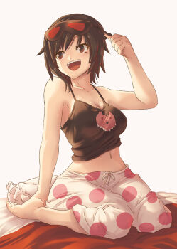 1girl :d bare_arms barefoot black_hair breasts brown_eyes cleavage eye_mask mask medium_breasts midriff moai_(moai_world) navel open_mouth pants polka_dot_pants ruby_rose rwby short_hair sitting sketch sleepwear smile solo stomach tank_top wariza white_background white_pants