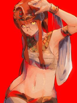 1girl 4me3ba_niku ancient_egyptian_clothes arm_up armlet black-framed_eyewear bracelet breasts cowboy_shot crop_top dark_persona glasses gold_armlet gold_bracelet gold_hairband hairband highres jewelry long_hair looking_at_viewer navel orange_hair persona persona_5 red_background sakura_futaba shading_eyes shadow_(persona) shadow_futaba sidelocks simple_background small_breasts solo stomach straight_hair usekh_collar yellow_eyes