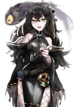 >:) absurdres ahoge bare_shoulders belt black_hair black_nails bone breasts chain dimensionless88 fishnet_pantyhose fishnet_sleeves fishnets grimmi_(vtuber) grimmi_(necromancer)_(vtuber) hair_between_eyes hair_ornament highres indie_virtual_youtuber leotard long_hair mandarin_collar off_shoulder ofuda pale_skin pantyhose robe sidelocks skelter_(grimmivt) skull skull_hair_ornament small_breasts v-shaped_eyebrows very_long_hair virtual_youtuber yellow_eyes