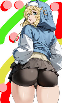 1boy aqua_eyes ass bike_shorts bike_shorts_under_skirt black_gloves black_skirt blonde_hair blue_jacket bridget_(guilty_gear) bulge commentary commission cowboy_shot crossdressing crossdressing_(mtf) english_commentary fingerless_gloves from_behind gloves gt_(inesperados2013) guilty_gear hair_between_eyes highres hood hood_up hooded_jacket jacket long_sleeves looking_at_viewer looking_back microskirt pleated_skirt puffy_long_sleeves puffy_sleeves simple_background skirt smile solo thighs trap