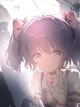 1girl backlighting bow bow_choker buttons center_frills chest_jewel chinese_commentary choker circon closed_mouth collarbone commentary_request dress frilled_dress frilled_sleeves frills gem gloves hair_between_eyes hair_bow highres kaname_madoka looking_at_viewer magical_girl mahou_shoujo_madoka_magica mahou_shoujo_madoka_magica_(anime) outdoors pink_bow pink_dress pink_eyes pink_gemstone pink_hair power_lines puffy_short_sleeves puffy_sleeves red_bow red_choker ruins sad_smile short_hair short_sleeves short_twintails sky solo square_neckline sunlight tareme twintails upper_body waving white_gloves white_sky white_sleeves