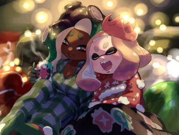 2girls alt_text black_hair blanket blurry blurry_background cephalopod_eyes closed_eyes closed_mouth commentary cup dark-skinned_female dark_skin english_commentary green_eyes green_pajamas green_socks holding holding_cup long_sleeves marina_(splatoon) mole mole_under_mouth mug multiple_girls nintendo open_mouth pajamas pearl_(splatoon) pink_hair red_pupils red_sweater sleeping socks splatoon_(series) splatoon_2 stup-jam sweater teeth tentacle_hair twitter_username upper_teeth_only
